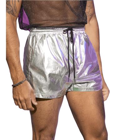 OYOANGLE Men's Metallic Drawstring Waist PU Leather Shorts Metallic Party Pocket Shorts Large Silver