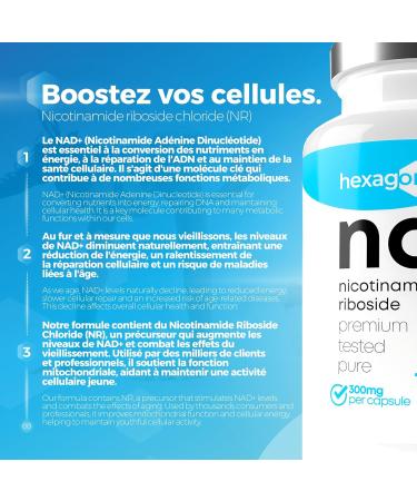 NAD+ Nicotinamide Riboside Chloride 300mg - 6 Months of Cure - NAD Booster - Anti-Aging & Against Fatigue - Made in France - 180 Vegetable Capsules - Vegan - Hexagon - Buy Online on GoSupps.com