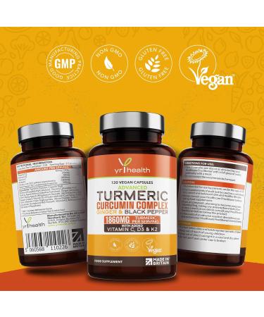 Premium Turmeric Capsules 1860mg with Black Pepper, Ginger, Vitamins C & D - 120 Vegan Capsules for Immune Support & Joint Health - Made in UK - Buy Online on GoSupps.com