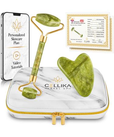 CELLIKA Xiuyan Jade Roller and Gua Sha Set with Shockproof Travel Case - Face Roller Skin Care Tool Real Jade Roller for Face, Eyes, Neck & Body - Facial Roller Tutorial & Skincare Plan Included
