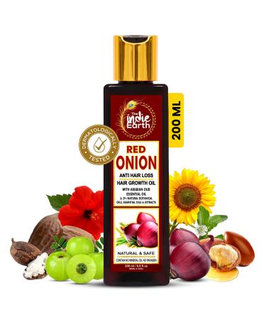 THE INDIE EARTH RED ONION ANTI HAIR LOSS & HAIR GROWTH OIL WITH PURE ARGAN, JOJOBA, ROSEMARY, BLACK SEED OIL IN PUREST FORM VERY EFFECTIVELY CONTROL HAIR LOSS, PROMOTES HAIR GROWTH 200ml Onion Oil 6.76 Fl Oz (Pack of 1)