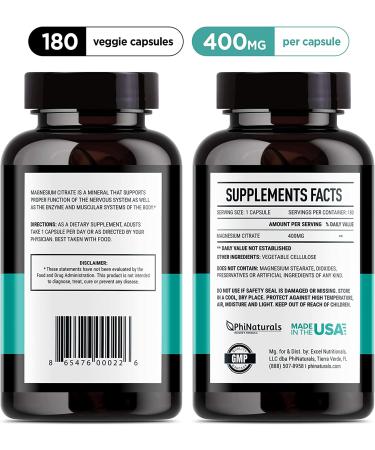 Magnesium Citrate 400mg Capsules - 180 Count | Non-GMO Natural Sleep & Relax Supplement | Made in USA - Buy Online on GoSupps.com
