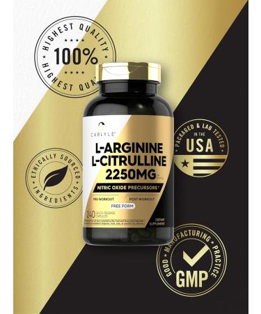 Carlyle L-Arginine L-Citrulline Supplement | 2250mg | 240 Powder Capsules | Nitric Oxide Precursors | Free Form | Non-GMO & Gluten Free - Buy Online on GoSupps.com