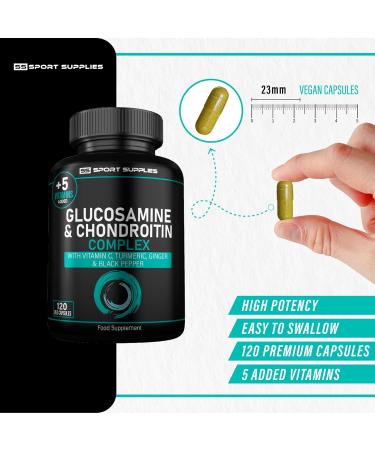 Glucosamine and Chondroitin High Strength Plus 5 Vitamins - 120 Complex Capsules 1 000mg (Providing 530mg Base) - Chondroitin 200mg - Added Turmeric Ginger Black Pepper Vitamin C B6 B1 D3 & B12 - Buy Online on GoSupps.com