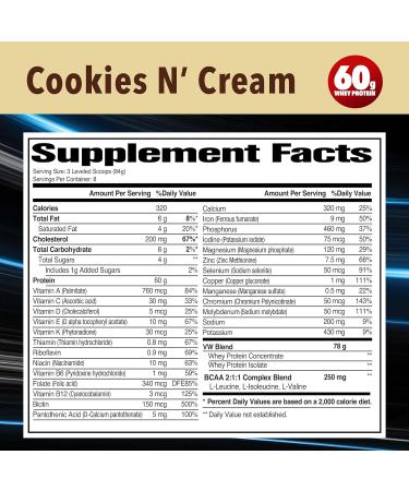 Vitamin Whey Protein Cookies N Cream 60g Whey Protein BCAA Complex 26 Vitamins & Minerals Gluten Free 1.5 LB - Buy Online on GoSupps.com