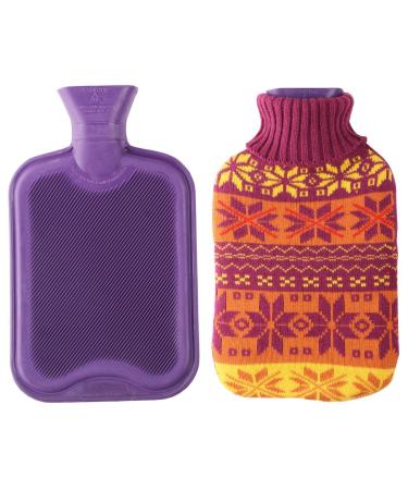 2 Liter Premium Classic Rubber Hot Water Bottle w/Cute Knit Cover (2 Liter, Purple/Snowflake) Purple / Orange 2 Piece Set