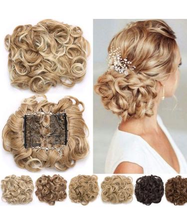 Short Combs Messy Curly Wavy Hair Extensions Bun Piece Up Do Drawstring Ponytail Clip in Comb Hair Extensions Chignon Sandy Blonde & Bleach Blonde
