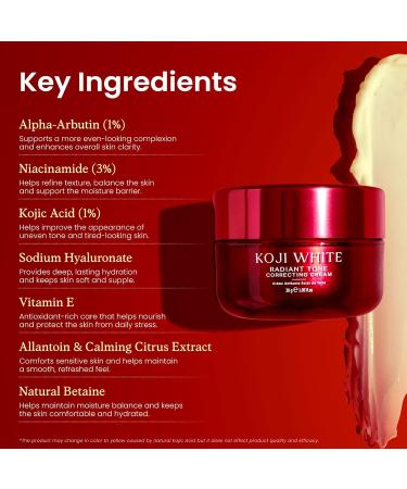 Koji White 1% Kojic Acid Cream | Face Moisturizer Radiant Tone Correcting Cream with 1% Alpha-Arbutin 3% Niacinamide & Hyaluronic Acid for All Skin Types Unscented Vegan Skincare 1.05 FL Oz - Buy Online on GoSupps.com