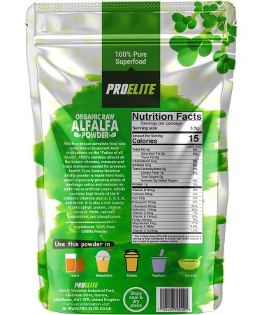 Organic Alfalfa Powder 250g Support Energy and Stress Vegan Keto Green Superfood Supergreen Raw Natural Alfalfa Powder Juice Shots PROELITE - Buy Online on GoSupps.com