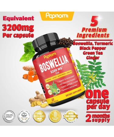 Organic Boswellia Serrata Extract Capsules 3200MG + Turmeric Curcumin Ginger Black Pepper Green Tea - Joint Health Support Supplement | 5 Months Supply, Enhanced Absorption | 150 Vegan Capsules - Buy Online on GoSupps.com