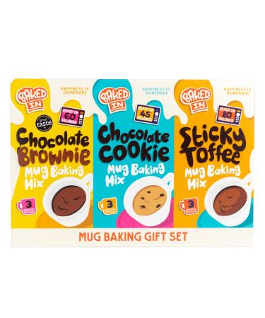 Bakedin - Mug Cake Gift Set - Delicious and Easy to make - 9 Mug Cake mixes (3 Mug Brownie mixes 3 Mug Cookie mixes 3 Sticky Toffee Mug Pudding mixes) - 505g