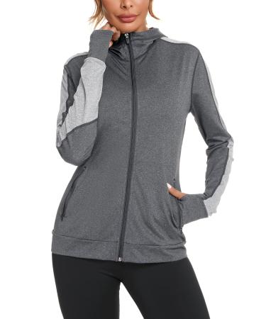 Wayleb women running jacket sports jacket long -sleeved training jacket hooded jacket sweat jacket breathable with thumb hole and bag for running yoga fitness dark gray s