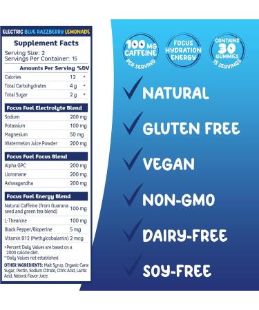 Energy Chews - All-Natural Focus & Energy Gummies with 100mg Caffeine | B12 Magnesium Electrolytes | Blue Razzberry Lemonade - 30 Chews - Buy Online on GoSupps.com