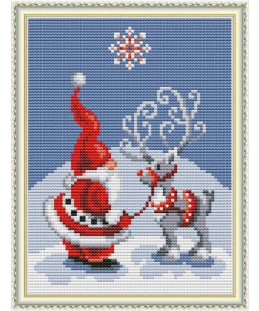 Cross Stitch Stamped Kits 11CT 9X11 inch Pre-Printed Cross-Stitching Starter Patterns for Beginner Kids or Adults  Embroidery Needlepoint Kits Santa Claus Christmas Deer Christmas Deer 9x11 Inch
