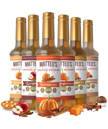 Matteo's Barista Style Sugar-Free Coffee Syrup 6 Flavour Harvest Variety Pack Zero Calories and Sugar Keto-Friendly Coffee Syrups Delicious Flavoured Coffee Syrup - 25.4 oz Syrup Bottles