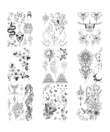 Glaryyears Mix Black Temporary Tattoos - Snake, Butterfly, Mermaid, Sun, Moon, Flowers Designs - Waterproof Body Art Stickers for Chest, Waist - 9 Sheets for Women, Men, Adults - Buy Online on GoSupps.com