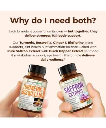 Boswellia Turmeric Curcumin Supplement + Pure Saffron Supplements for Women & Men Bundle Supports Joint Health Mood & Calm Eye Health with Ginger Root Organic Turmeric Powder Saffron Extract - Buy Online on GoSupps.com
