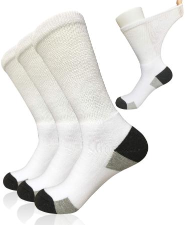 Mens Diabetic Socks Non-Binding Crew Socks Cushioned for Edema Thick Ankle Diabetes Edema Swollen Feet One Size White/Grey(3 Pairs)