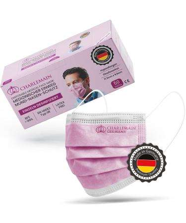Charlemain 50x op masks made in Germany EN 14683 Type IIR medical mouth-nose protection BFE 99.9% 3-layer latex-free MNS one-way face masks-pink 50 pieces (1 Pack) pink - Buy Online on GoSupps.com