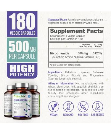 biophix B-3 Nicotinamide 500 mg 180 Vcaps - Free Vitamin C-1000 30 Tablets - Nicotinic Amide Niacin Natural Flush-Free Vitamin Formula - Supports Skin Cell Health - Buy Online on GoSupps.com