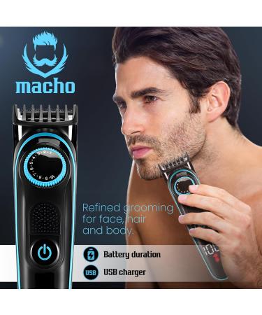 MACHO 5 in 1 Grooming Kit - Cordless Hair & Beard Trimmer Body Clipper Ear & Nose Trimmer Electric Razor with LED Display - Rechargeable Groomer in Black & Blue | International Shipping Available - Buy Online on GoSupps.com