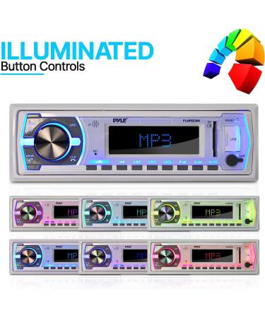 Pyle Marine Bluetooth Stereo Radio - 12v Single DIN Boat Receiver with Mic, LCD Display, RCA, MP3, USB, SD, AM FM Radio, Remote Control - White - Buy Online on GoSupps.com