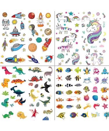 250pcs Temporary Tattoos for Kids Birthday Party - Featured 4 Series of Cute Waterproof Tattoos for Boys Girls  Dinosaurs Spaceships Fish unicorn dinosaurs paceship fish unicorn