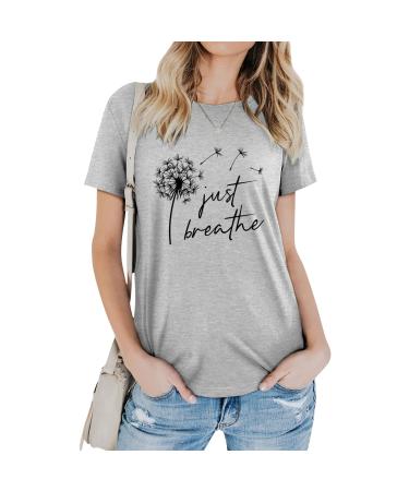 VINGVO Short Sleeve Blouse Stylish Round Neck Printed Stylish Short Sleeve T Shirt for Dating Small Light Gray (Black Font)