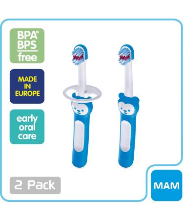 MAM Baby's Brush Set (2 Training Toothbrushes 1 Safety Shield) Baby Toothbrushes with Brushy the Bear Interactive App For Boy 5+ Months Blue - Buy Online on GoSupps.com
