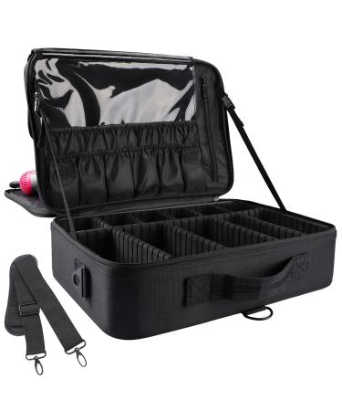 JOURMON Makeup Case Travel Makeup Train Case Organizer Cosmetic Bag Portable with Adjustable Dividers and Shoulder Strap for Makeup Brushes Toiletry Travel Accessories(Pure Black, L) L Pure Black
