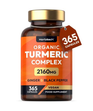 Organic Turmeric and Black Pepper Capsules | 2160mg | High Strength Curcumin with Ginger | 365 Vegan Capsules | by Horbaach