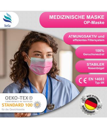 Kela OP Mask - 100x Pink Medical Masks | Made in Germany | Oeko-Tex Standard | Premium Respiratory Protection Masks - MNS Type IIR Disposable Masks 100 Pack - Buy Online on GoSupps.com