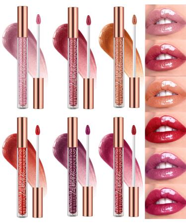 6PCS Lasting Plump Shine Lip Gloss Set Moisturizing Texture Lipglos Hyaluronic Acid Crushed Diamond Lipstick Non-Sticky Glitter Full Color Brightening Liquid Lipstick