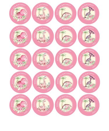 20 x personalised Dinosaur themed cupcake toppers wafer/icing uncut - pink (icing paper)