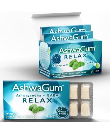 AshwaGum RELAX Gum by BetterGum High Potency Supplement with KSM 66 Ashwagandha and Gaba Supports Stress and Anxiety Relief Cortisol Support Alternative to Gummies Sugar-Free 10 Pieces - 6 Pack