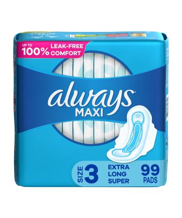 Always Maxi Feminine Pads For Women, Size 3 Extra Long Super Absorbency, Multipack, With Wings, Unscented, 33 Count x 3 Packs (99 Count total) 33 Count (Pack of 3)