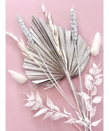 Dried Flowers for cakes decoration silver white cream neutral grey palm spear leaves pampus bunny tails ruscus oats phalaris cupcake home room decor SILVER SPEAR