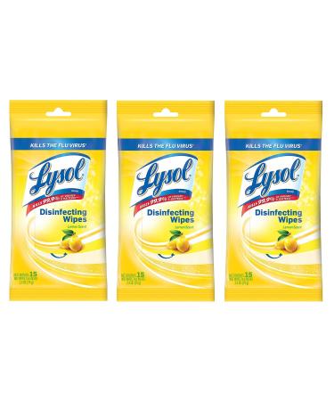 Lysol Disinfecting Wipes To-Go Pack, Lemon Scent, 15 Count (Pack of 3)