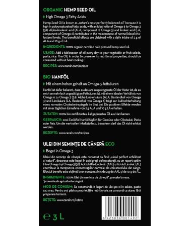 Buy Natural Hemp Seed Oil - 3L Organic Cold-Pressed Raw Vegan & Rich in Omega-3 Omega-6 | Supports Healthy Cholesterol Vitamin E Kosher Certified - Canah - Buy Online on GoSupps.com