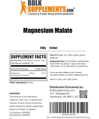 BulkSupplements Magnesium Malate Powder - High Absorption 400mg Magnesium Supplement - 250g (8.8 oz) Pack - Buy Online on GoSupps.com