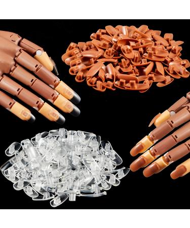 200 Pieces Replacement Nail Tips for Nail Manicure Training Practice Hand, Introductory Nail Training, Brown and Transparent Nails The Model Tools