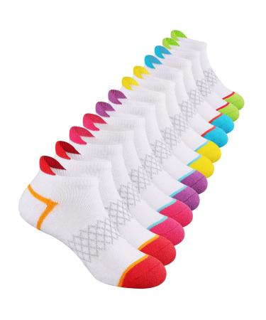 Comfoex 12 Pairs Girls Socks Ankle Athletic Socks Cotton Sports Socks With Cushioned Sole For Big Little Kids White 12 Pairs 7-10 Years