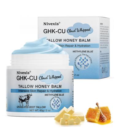 Nivexis Copper Peptides GHK-Cu Whipped Beef Tallow for Skin, Grass Fed Beef Tallow and Honey Balm for Face & Body, with Methylene Blue Anti-Aging Moisturizer, Suitable for All Skin Types, 2 Oz