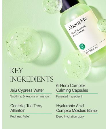 About Me SOOP Calming Aqua Serum - 53.4% Jeju Cypress Water Gel Serum with Bursting Capsules Hydrating Face Serum for Sensitive Skin Centella Cica & Tea Tree Vegan Non-Sticky 1.69 oz (50ml) - Buy Online on GoSupps.com