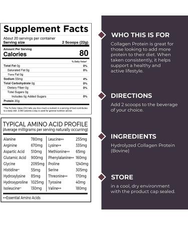 Low Calorie Collagen Protein Powder | 20g Clean Protein | 18 Amino Acids | Unflavored | Non-GMO | 0 Sugar & Carbs | 1lb - 20 Servings - Buy Online on GoSupps.com