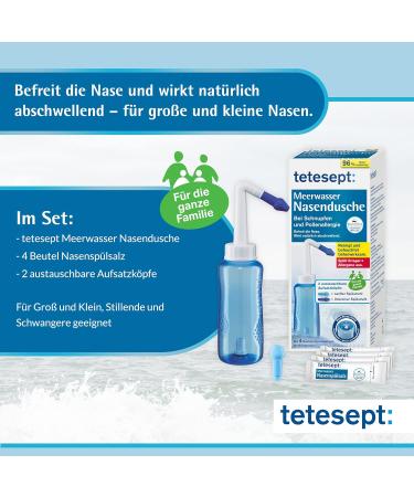 Tetesept Sea Water Nasal Douche - Relief for Runny Nose & Pollen Allergy | Suitable for Kids | Includes 4 Salt Bags & Interchangeable Attachments - Buy Online on GoSupps.com