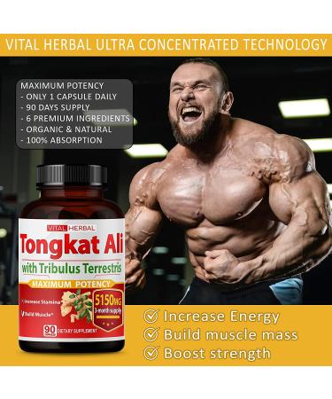 Ultra Tongkat Ali Extract Capsules 5150mg Equivalent - Maximum Strength with Ashwagandha, Tribulus Terrestris, Ginseng & Horny Goat Weed - Energy Boost & Muscle Building for Men & Women - 90 Days Supply - Buy Online on GoSupps.com