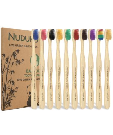 NUDUKO Biodegradable Bamboo Toothbrushes Wooden Toothbrush 10 Pack Multicolor BPA Free Soft Bristles Tooth Brush Eco-Friendly Natural Green and Compostable Tooth Brushes Colored Soft Bristles