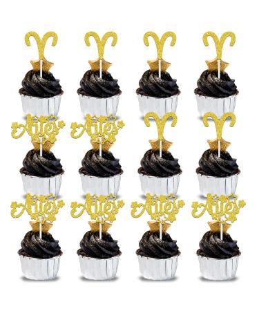 12Pcs Aries Cupcake Topper Big Aries Energy/Aries Season 12 Constellation March/April Birthday Cupcake Decoration Horoscope Astrology Birthday Party Supplies Gold Glitter
