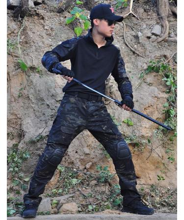 HARGLESMAN Men's Tactical Military Suit Long Sleeve Army Uniform with Knee Pads - Black Camo | Size Medium - Buy Online on GoSupps.com
